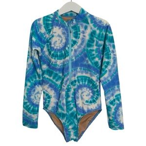 Crewcuts Girls Zip Up Rash Guard One Piece Swimsuit UPF 50 Girls 8 Tie Dye Blue